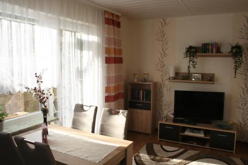 ein Wohnzimmer mit einem TV und einem Tisch in der Unterkunft Ferienwohnungen Alt in Naumburg