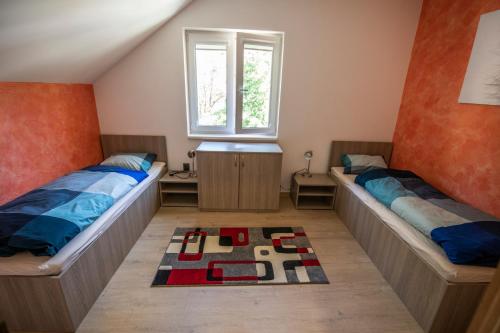 two beds in a room with a rug on the floor at Apartmány pod Jeřábem, Šanov 67, Červená Voda in Červená Voda