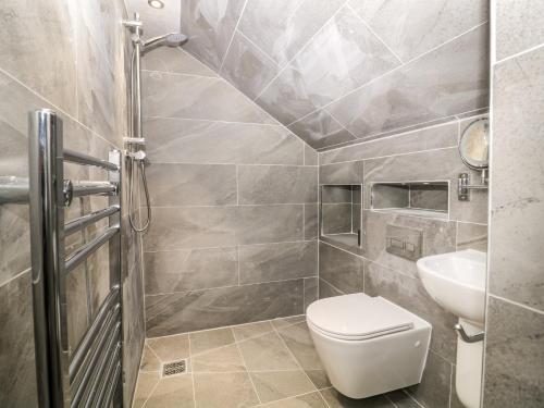 a bathroom with a toilet and a sink at The Farmhouse in Biddulph