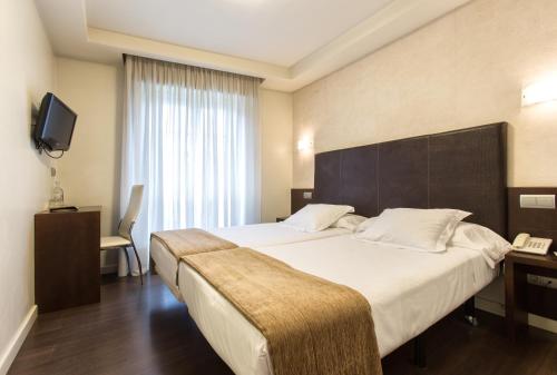 a hotel room with a large bed and a television at Hotel Alda San Carlos in Santiago de Compostela