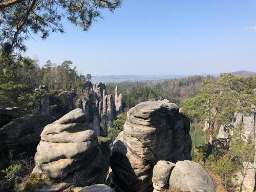 a view from the top of a mountain with rocks at Apartmán v srdci Českého ráje in Jičín