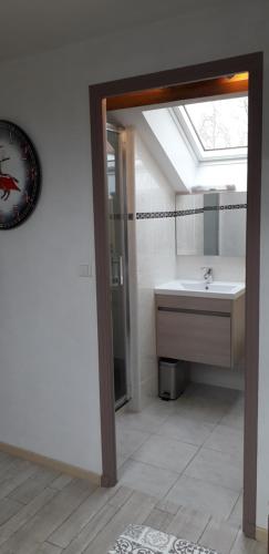 a bathroom with a sink and a skylight at Gîte Les Chevaliers fous in Sainte-Menehould