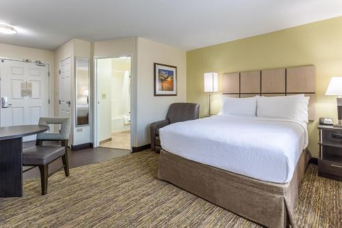 a hotel room with a large bed and a desk at Candlewood Suites Aurora-Naperville by IHG in Aurora