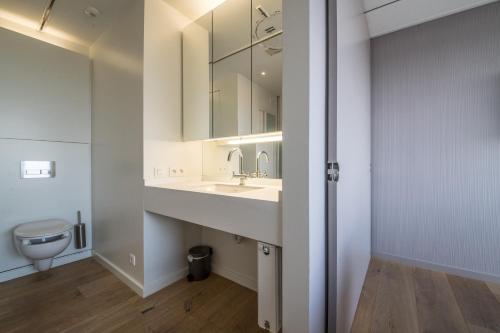 a bathroom with a sink and a toilet at Res Helix 1slp kamer app Zeezicht en Parking in Middelkerke