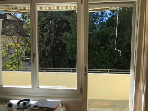 a window in a room with two windows at HSH Monbijou - Serviced Junior Suite with balcony Bern City in Bern