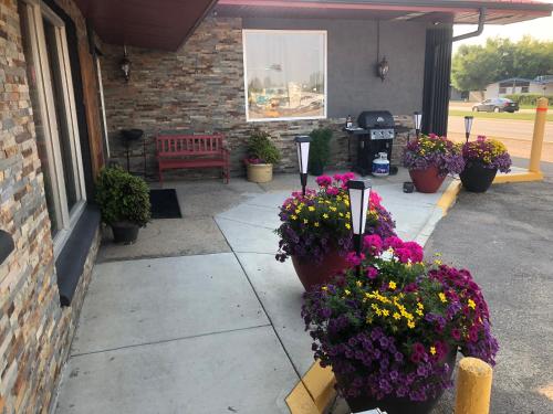 a patio with flowers in front of a building at Trailside Inn in Lloydminster