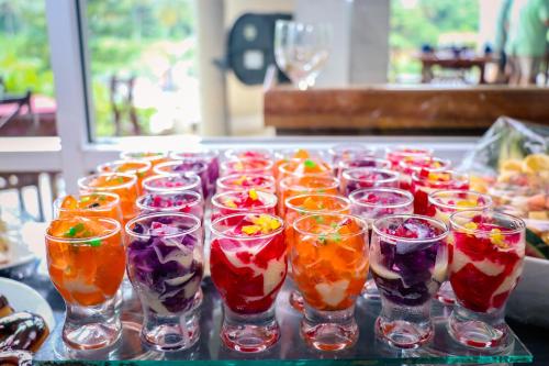 een groep glazen gevuld met verschillende gekleurde dranken bij Hotel Elephant Bay in Pinnawala