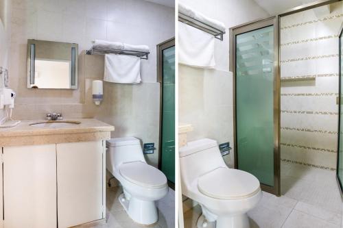 two pictures of a bathroom with a toilet and a shower at Quinta Santa Anita in Playa del Carmen
