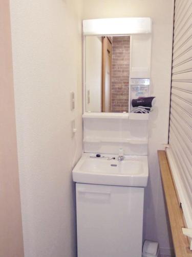 ein weißes Badezimmer mit Waschbecken und Spiegel in der Unterkunft Hotel Lucky in Osaka