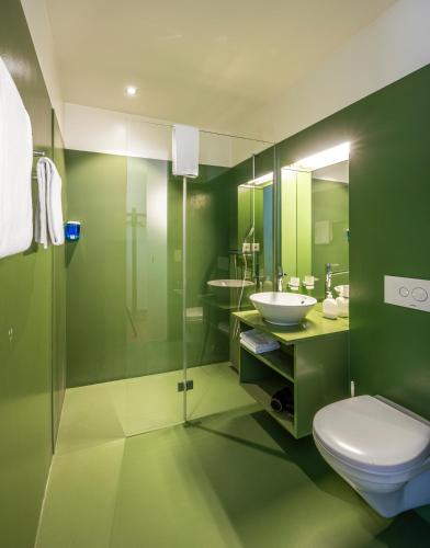 a green bathroom with a toilet and a sink at Hotel Oltnerhof - Self Check in in Olten