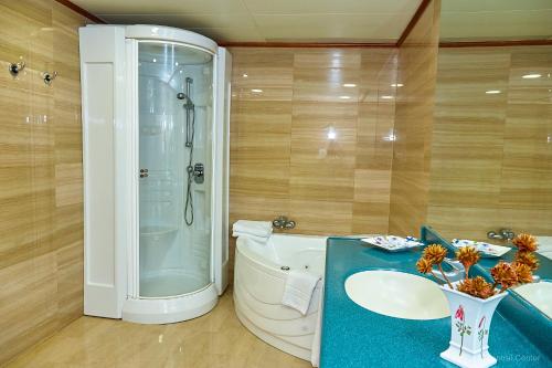 a bathroom with a shower and a sink and a toilet at Hotel Zentral Center - Adults only in Playa de las Americas