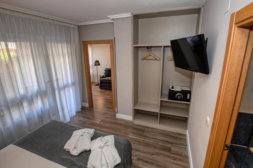 a living room with a bed and a flat screen tv at Hotel Castilla Vieja in Palencia
