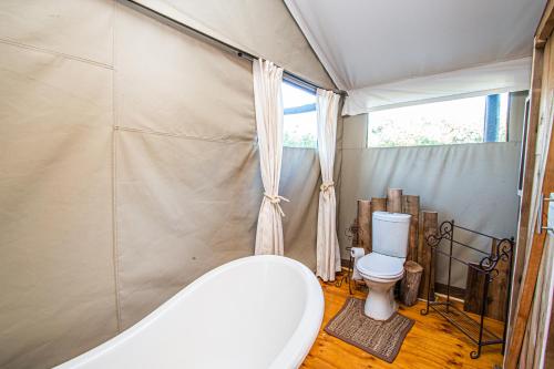 a bathroom with a bath tub and a toilet at Mountain View Safari Lodge in Hoedspruit