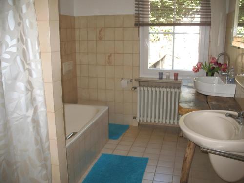 ein Badezimmer mit einer Badewanne, einem Waschbecken und einer Badewanne in der Unterkunft Moselhaus Tante Emma in Pünderich