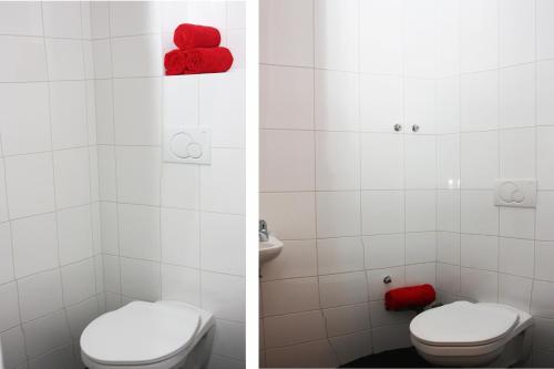 a bathroom with a white toilet and a red towel at Robiniapark in Szólád