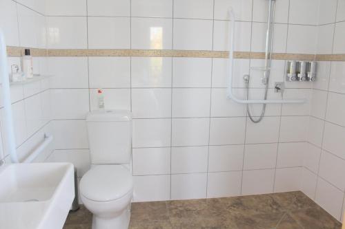 a white bathroom with a toilet and a shower at The Summit Lodge in Gladstone