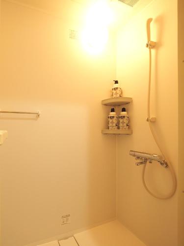 a bathroom with a shower and a toilet with a light at Family Tree Guest House in Sapporo