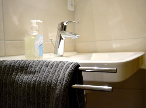 a bathroom sink with a bottle of soap and a towel at Pension Almhof Baumgarten in Bad Reichenhall