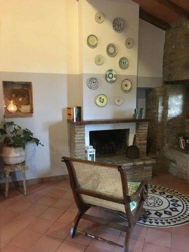 ein Wohnzimmer mit einem Kamin mit Platten an der Wand in der Unterkunft Casale privato per famiglie e gruppi Cibottola PG in Piegaro