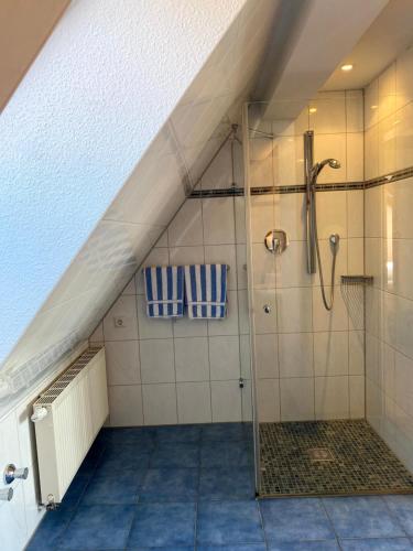 a bathroom with a shower in a attic at Hotel Landhaus Sternen in Sipplingen