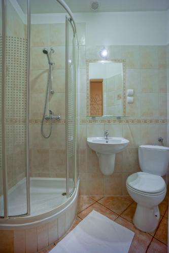 a bathroom with a shower and a toilet and a sink at Jawor Pokoje i Apartamenty in Zakopane
