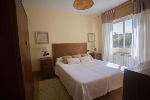 Un dormitorio con una cama grande y una ventana en Apartamentos Sarela, en Santiago de Compostela