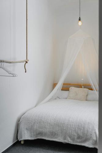 a bedroom with a bed with a mosquito net at Stará Škola Hedeč in Králíky