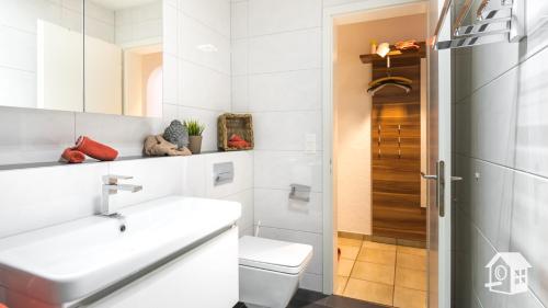 a bathroom with a toilet and a sink and a shower at Ob Vierwaldstättersee in Emmetten