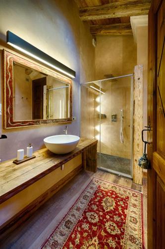 a bathroom with a sink and a glass shower at Le Reve Charmant in Aosta