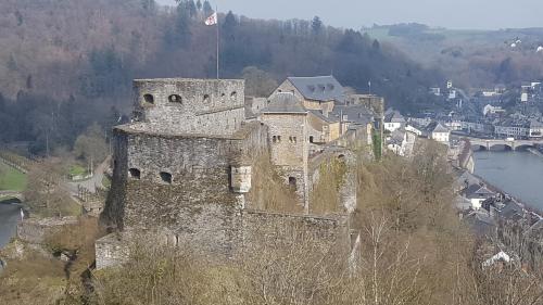 an old castle on a hill next to a town at Au Pied Du Château in Bouillon