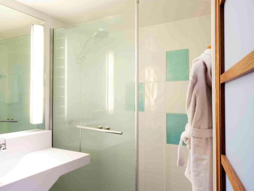 La salle de bains est pourvue d'une porte de douche en verre et d'un lavabo. dans l'établissement Novotel Lille Centre Gares, à Lille