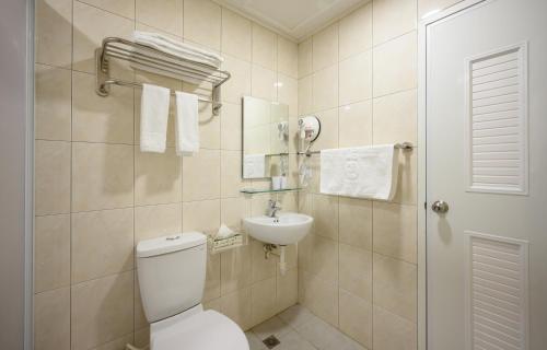 台南的住宿－品記旅店，一间带卫生间和水槽的浴室