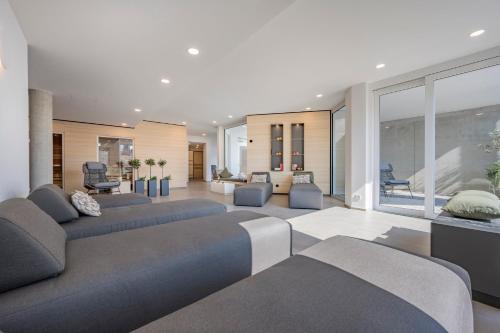 a living room with two blue couches and a living room at Appartementhotel Röhrenbach in Immenstaad am Bodensee