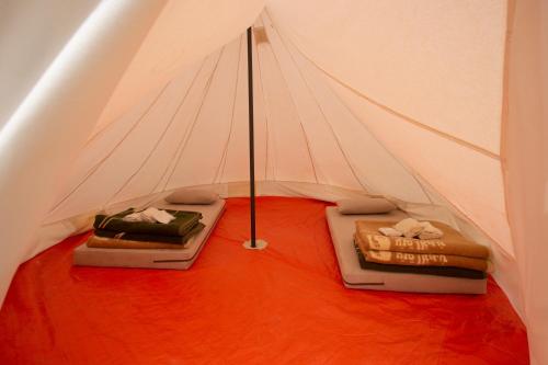 a white tent with two beds in it at Rummana Campsite in Dana