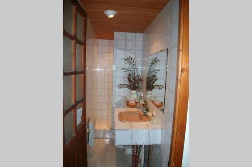 La salle de bains est pourvue d'un lavabo et d'un miroir. dans l'établissement Grande maison de vacances à Colmars les Alpes, à Colmars