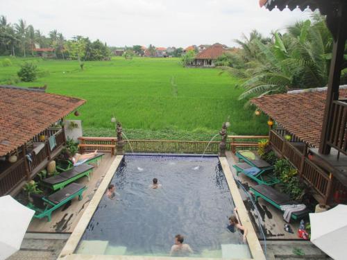 un grupo de personas en una piscina en un complejo en Green Paddy Hostel & Villa, en Ubud