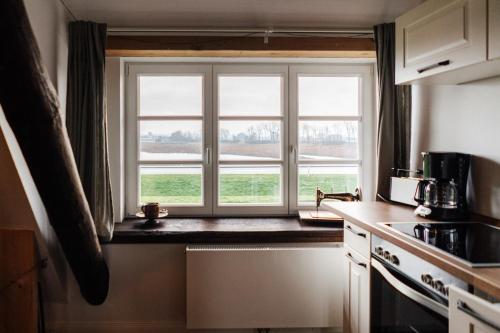 a kitchen with a window with a sink and a stove at Haus Anna Elbe, Bauernhaus-Ferienwohnungen an der Elbe in Hamburg
