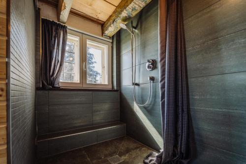 a bathroom with a shower and a window at Haus Anna Elbe, Bauernhaus-Ferienwohnungen an der Elbe in Hamburg