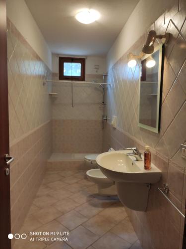 La salle de bains est pourvue d'un lavabo, de toilettes et d'un miroir. dans l'établissement Alexandra, à Capoterra