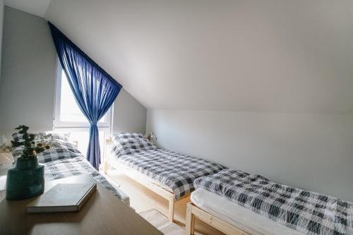 a living room with two beds and a window at Domki Kalinowa14 Kopalino in Kopalino