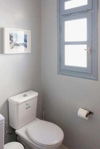a bathroom with a white toilet and a window at Kea Villa Thea- Villa Ilios in Vourkarion