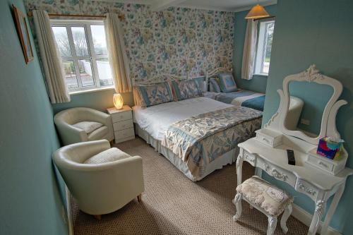 a bedroom with a bed and a chair and a mirror at Murphys Farmhouse B&B in Castlemaine