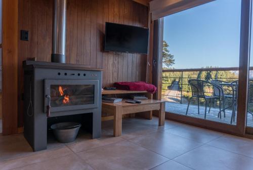sala de estar con chimenea y TV en BOG Atardeceres del lago - piscina climatizada y vistas al lago en Villa La Angostura
