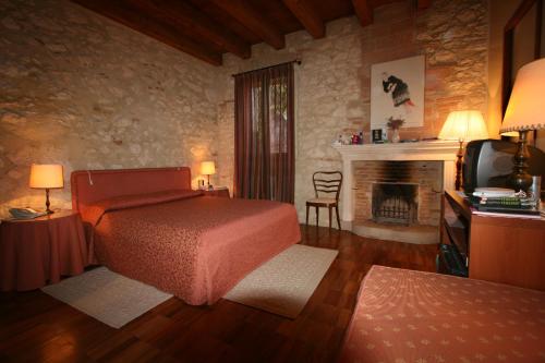 a bedroom with a bed and a fireplace and a television at Agriturismo Le Vescovane in Longare