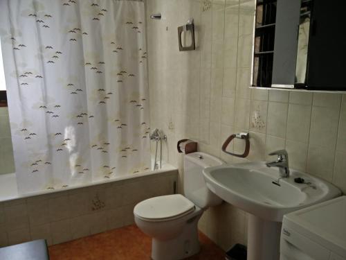 a bathroom with a toilet and a sink and a shower curtain at PORT LA SARDANA EmpuriaRent in Empuriabrava