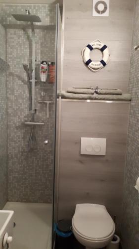 a bathroom with a toilet and a shower and a sink at WAW vakantie appartement in Middelkerke