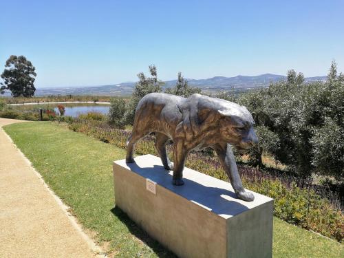 a statue of a dog standing on top of a field at Caesar's Self-catering Open Plan Suite in Somerset West