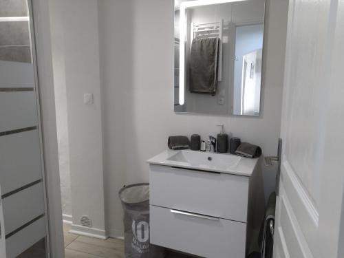 une salle de bain blanche avec un lavabo et un miroir dans l'établissement FLOTS DE L ISLE, à LʼIsle-sur-la-Sorgue