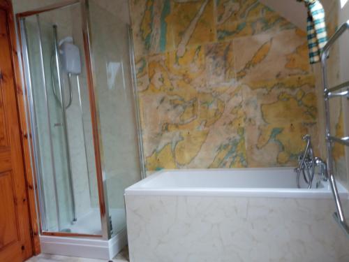 uma casa de banho com um chuveiro e uma banheira em Strome Beag em Tobermory