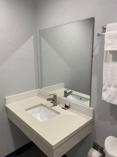 a bathroom with a sink and a large mirror at Motel 66 Los Angeles in Los Angeles